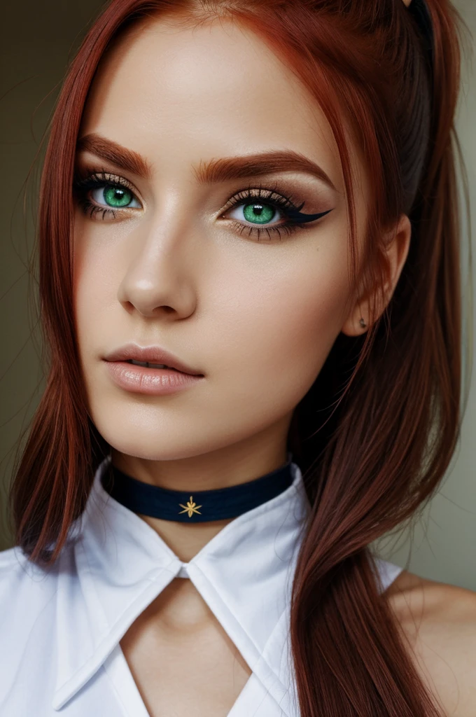 (masterpiece:1.3), (absurdres:1.3), (best quality:1.3), (ultra-detailed:1.3),(best shadow:0.7), (handled hair), (sharp eyeliner, eyeshadow, detailed eyes:1.1), perfect anatomy, BREAK, 1girl, solo, RED HAIR, hair between eyes, GREEN EYES, glowing eyes, sailor collar, , side ponytail, sidelocks