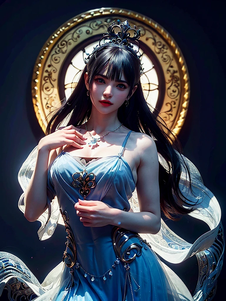 (Skin dents:1.5), Realistic, Realistic, (masterpiece:1.5), Concept Art, Intricate details, Very detailed, Realistic, Octane Rendering, 8K, Unreal Engine, Dynamic pose, Highest quality, High resolution, (Realistic Face:1.1), (超Realistic:1.1), ((full_body)), Perfect Eyes,(Shiny skin:1.2), (((Hairstyle))), (((Perfect hand 1.5))), (Very detailed背景), ((Dynamic Background)), (Light), ((fine grain, High quality eyes, High quality face)), (((flowing Hairstyle))), wonderful, Written boundary depth, Bokeh, 4K, ((Gothic 1.5)),, Lightning, Glowing blue iris, (((Gorgeous see-through dress for the evening)1.5)),Sparkling necklace and earrings、Bust up photo
