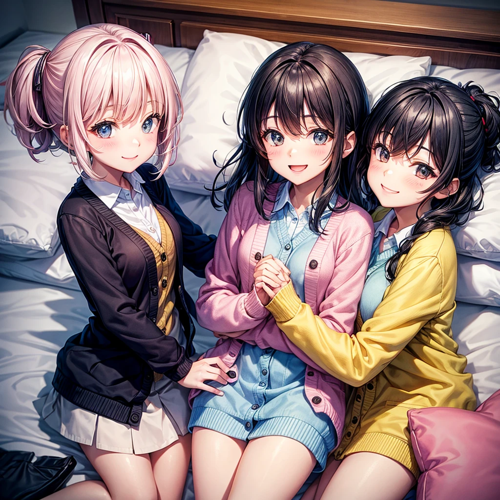 best quality，，smile，cardigan，Girls hugging each other，bed，Boyfriend&#39;s house，Evolution Fashion，future fashion，blazer，ribbon on uniform，mini skirt，high school girl，multiple girls are depicted，harem，idol group，photo shoot，long hair，wearing a cardigan，highest quality，big breasts，happy girl,horny girl，pink eyes，perfect face，standing position，I have my hands in my pockets，letting down one&#39;s Bangs，beautiful eyes,gym,girls hugging each other,smooth hair，multicolored hair colors，naughty girl，beautiful girl，beautiful girl，loose socks