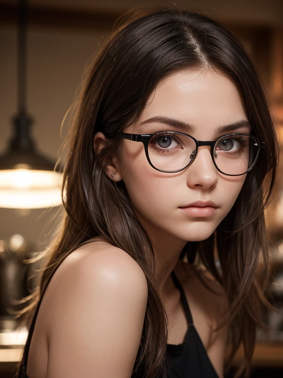 photo portrait of a young chubby Russian girl 22 years old, corneal reflections, Detailed leather texture, lump on the skin, fuzz on the skin, beautiful tired face, An indifferent expression on his face, Fluffy hair, very tousled semi-long brown tousled hair just below the shoulders (rebellious late 80s hairstyle), amber eyes, glasses with lenses in black frames, looking into the eyes of the viewer, butcher's leather apron stained with blood, muscular arms, Graceful fingers, in a hospital room(Morgue), a dark room, depth of field, backlight