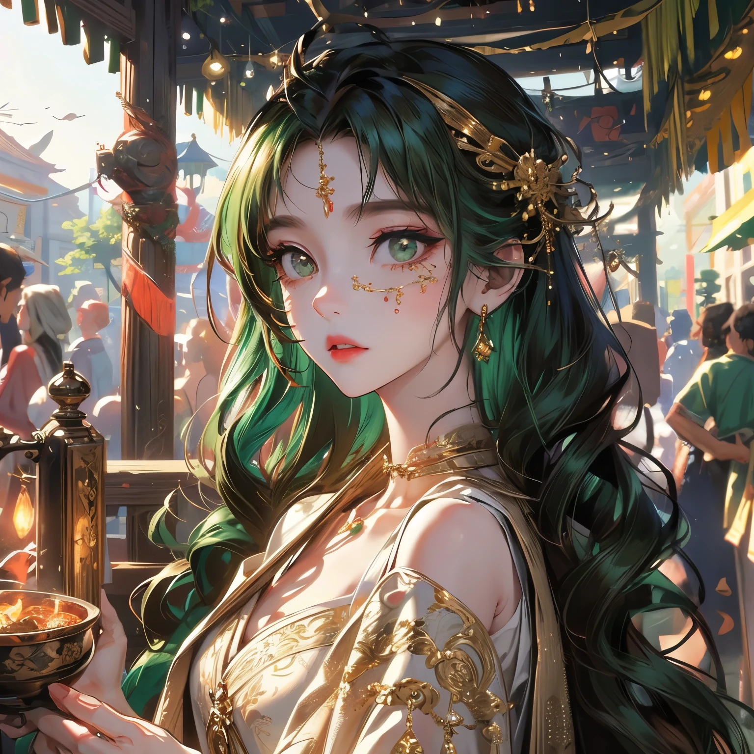 In the center of a bustling marketplace, a lavish exotic digital oracle stands, covered in intricate patterns of gold and emerald green, her eyes sparkling with mysterious wisdom. This stunning photograph captures her ethereal beauty against a backdrop of vibrant tapestries and swirling incense smoke. Each detail is sharp and vivid, creating a sense of depth and richness that draws the viewer in, eager to uncover the secrets she holds.
