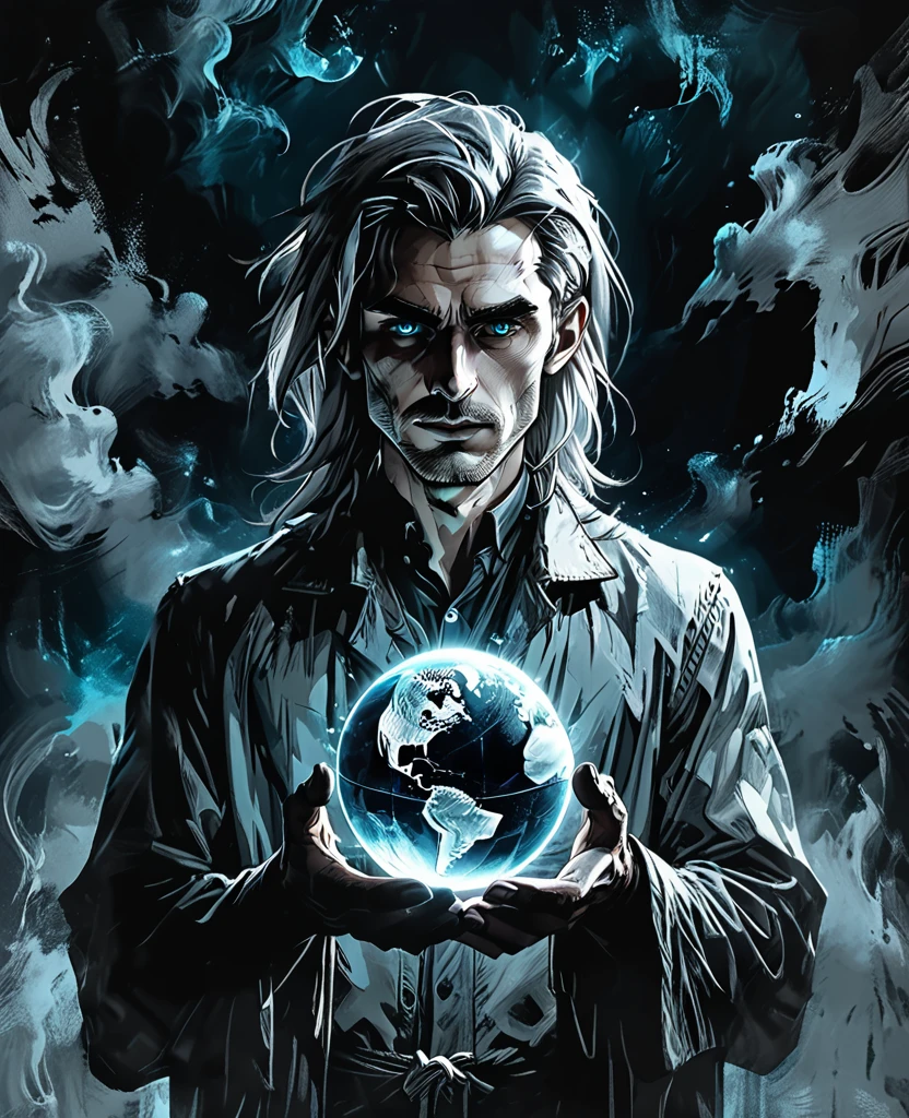 glow ball in hands,dark, dark atmosphere, deep shadow, shadow, spirit,
Young Man holds in his hands the planet earth, outer space, vishai, a giant young man between whose hands is the earth, geometric composition,, Elderly, [Nordic] anorexic , Long gray hair, Old white skin, Round glow blue eyes, Oval faces, anorexic small neck, Thin nude Lips, Bold Tapered gray Eyebrows, snub nose, Hunched Shoulders, Slim Thighs, anorexic Slim arms legs and breast, High Angled Cheekbones, Hollow Cheeks, Rounded Chin, Rounded Jawline, Attached Pointed ears, round forehead,       graphic style of novel comics, perfect hands, 2d,
8k, hyperrealism, masterpiece, high resolution, best quality, ultra-detailed, super realistic, Hyperrealistic art, high-quality, ultra high res, highest detailed, lot of details, Extremely high-resolution details, incredibly lifelike, colourful, soft cinematic light,