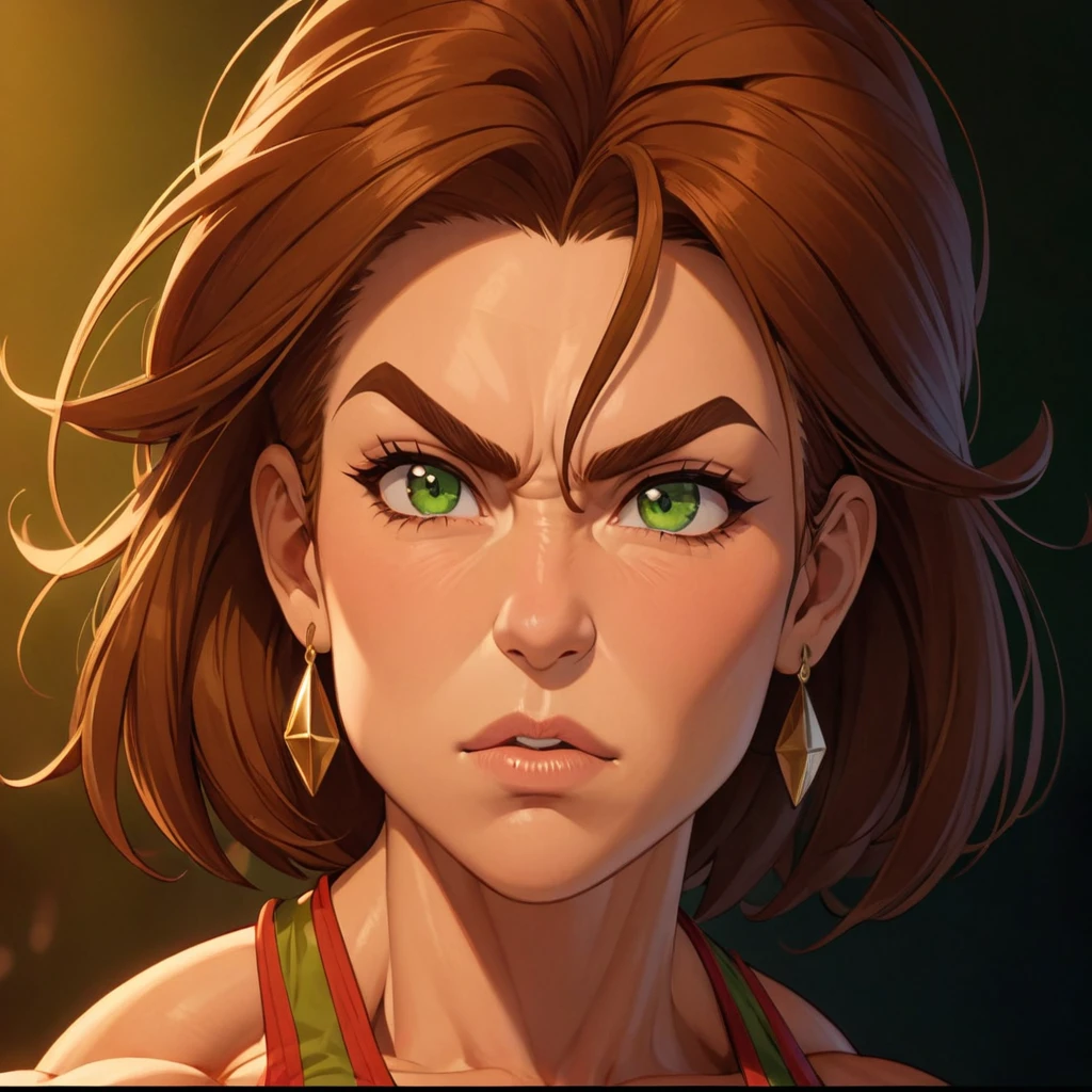 (masterpiece:1.2), (best quality), (ultra detailed), (8k, 4k, intricate),(full-body-shot:1), (highly detailed:1.2),(detailed face:1.2), (detailed background), muscle woman with brunette hair wearing green bikini flexing massive muscles, most muscular pose, woman with huge muscles, mature woman, stern expression, green eyes, angry expression