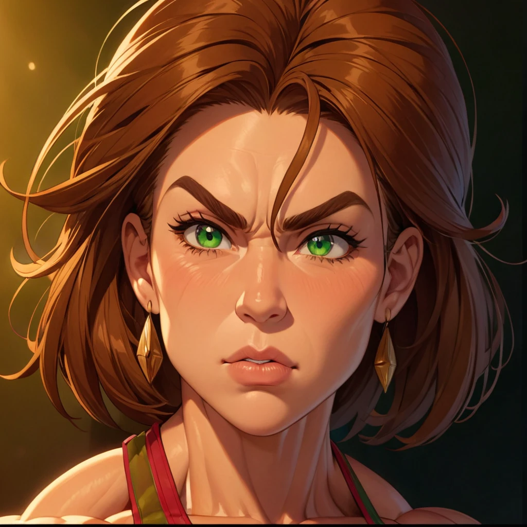 (masterpiece:1.2), (best quality), (ultra detailed), (8k, 4k, intricate),(full-body-shot:1), (highly detailed:1.2),(detailed face:1.2), (detailed background), muscle woman with brunette hair wearing green bikini flexing massive muscles, most muscular pose, woman with huge muscles, mature woman, stern expression, green eyes, angry expression