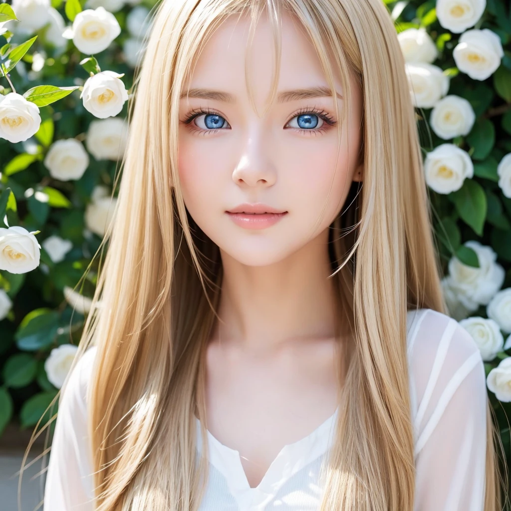 Sexy Big 、Extraordinary beauty、18 years old cute sexy little beautiful face、淡い金色のbright髪が可愛い顔の前で揺れる、Very beautiful super long straight silky hair、Long, silky bangs that cover the eyes、bright, big, Beautiful pale blue eyes、Sexy cute young woman with bright shiny long blonde hair、bright表情、snow-white beautiful skin、Oil-based teak、Small Face Beauty、Facial Gloss、Round face