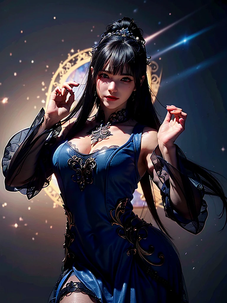 (Skin dents:1.5), Realistic, Realistic, (masterpiece:1.5), Concept Art, Intricate details, Very detailed, Realistic, Octane Rendering, 8K, Unreal Engine, Dynamic pose, Highest quality, High resolution, (Realistic Face:1.1), (超Realistic:1.1), ((full_body)), Perfect Eyes,(Shiny skin:1.2), (((Hairstyle))), (((Perfect hand 1.5))), (Very detailed背景), ((Dynamic Background)), (Light), ((fine grain, High quality eyes, High quality face)), (((flowing Hairstyle))), wonderful, Written boundary depth, Bokeh, 4K, ((Gothic 1.5)),, Lightning, Glowing blue iris, (((Gorgeous see-through dress for the evening)1.5)),Sparkling necklace and earrings、Bust up photo