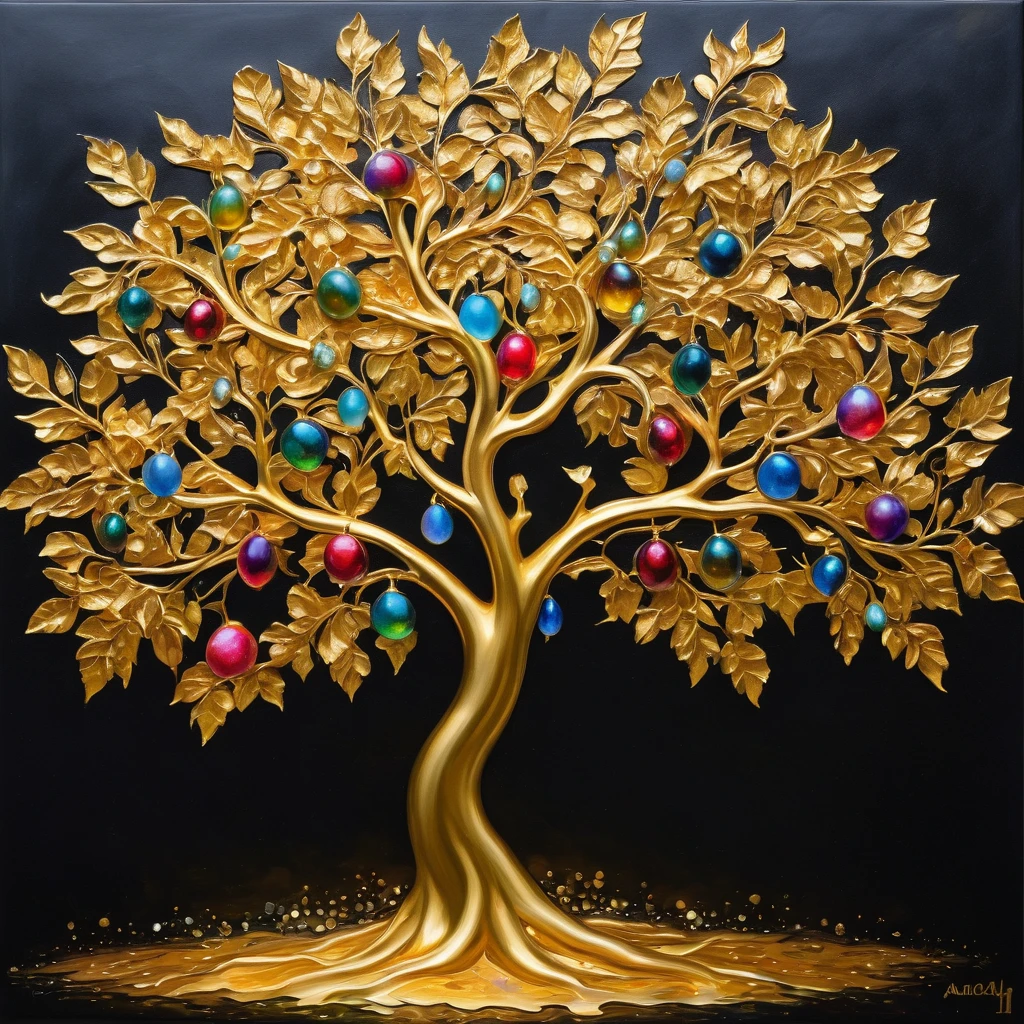 An ultra-realistic award winning oil painting of one fully grown, complete tree made of gold with twelve colorful opal fruits on a dark, matte black background. The stem and branches are fully made of gold. The stem looks like the figure of a woman. The tree has a lot of golden leaves. The dynamic lighting casts sharp focus on every feature, making the gold radiate. The painting exudes a sense of power, allure and charm. Painted with expert precision, this smooth and intricately detailed painting promises to leave an indelible impression.