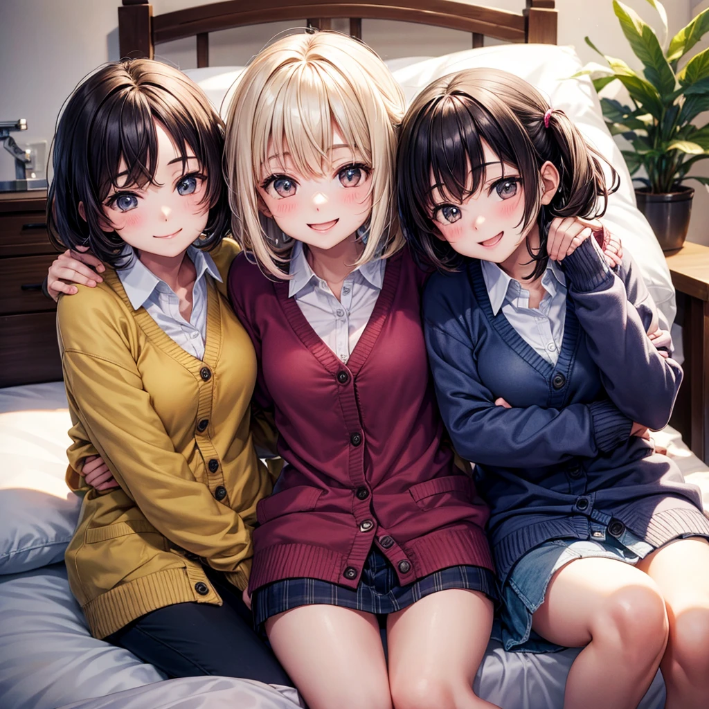 best quality，，smile，cardigan，Girls hugging each other，bed，Boyfriend&#39;s house，Evolution Fashion，future fashion，blazer，ribbon on uniform，mini skirt，high school girl，multiple girls are depicted，harem，idol group，photo shoot，long hair，wearing a cardigan，highest quality，big breasts，happy girl,horny girl，pink eyes，perfect face，standing position，I have my hands in my pockets，letting down one&#39;s Bangs，beautiful eyes,gym,girls hugging each other,smooth hair，multicolored hair colors，naughty girl，beautiful girl，beautiful girl，loose socks
