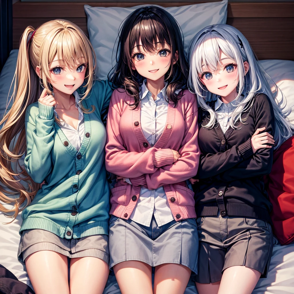 best quality，，smile，cardigan，Girls hugging each other，bed，Boyfriend&#39;s house，Evolution Fashion，future fashion，blazer，ribbon on uniform，mini skirt，high school girl，multiple girls are depicted，harem，idol group，photo shoot，long hair，wearing a cardigan，highest quality，big breasts，happy girl,horny girl，pink eyes，perfect face，standing position，I have my hands in my pockets，letting down one&#39;s Bangs，beautiful eyes,gym,girls hugging each other,smooth hair，multicolored hair colors，naughty girl，beautiful girl，beautiful girl，loose socks