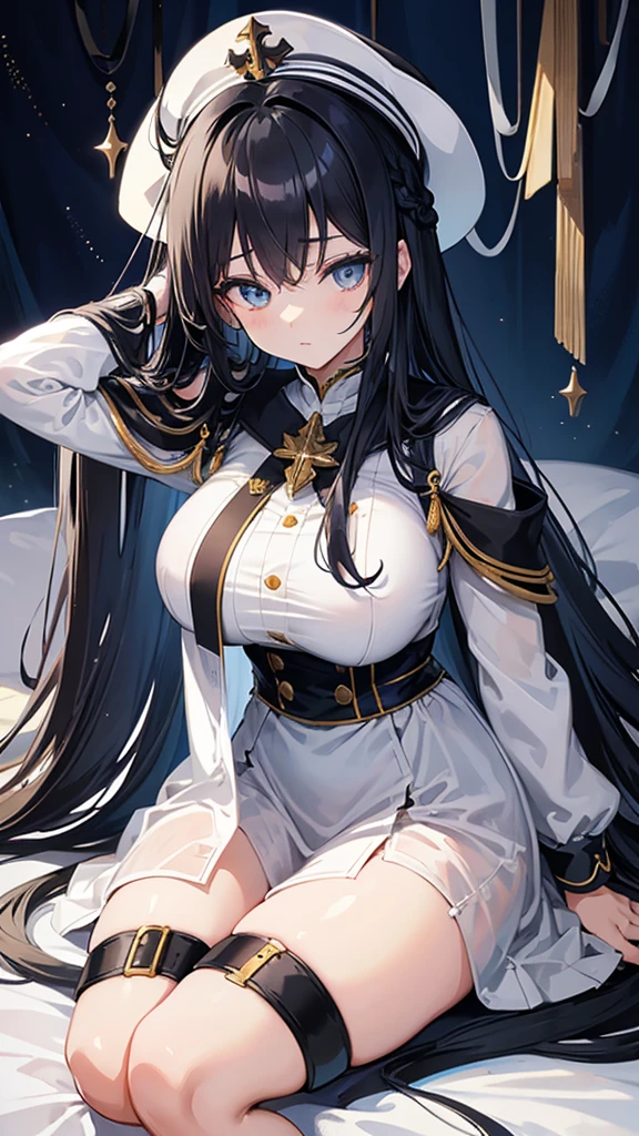 best quality,extremely detailed,anime style,1girl,Long hair down to the waist,straight hair,Dark black hair with bluish,Braid on top of the head,beautiful detailed eyes,pinched eyes,dark blue eyes,huge breasts,intelligent, cross-legged, white base military motif clothing, Fluttering clothes,hat,Princess Room,Sunlight shines in