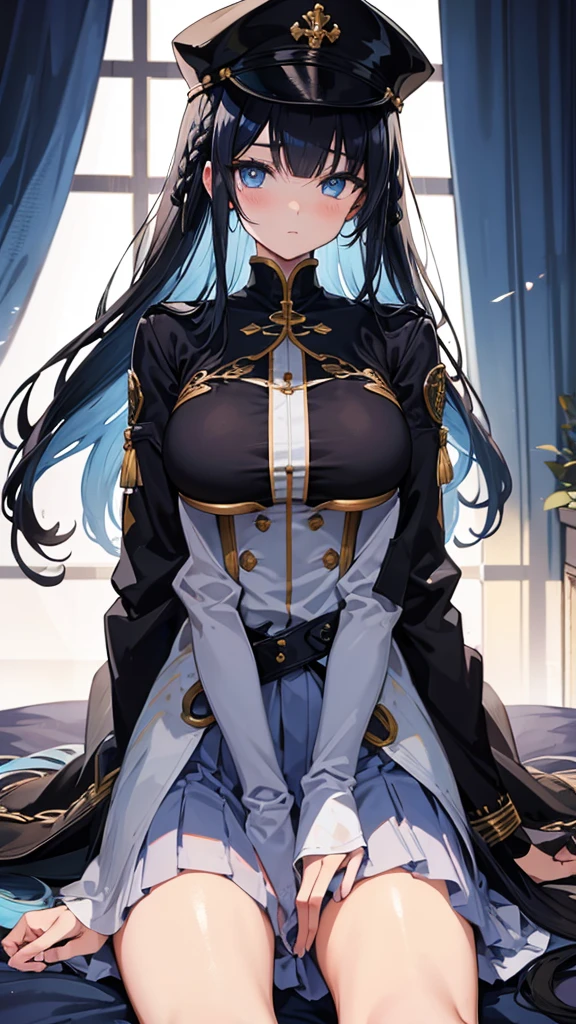 best quality,extremely detailed,anime style,1girl,Long hair down to the waist,straight hair,Dark black hair with bluish,Braid on top of the head,beautiful detailed eyes,pinched eyes,dark blue eyes,huge breasts,intelligent, cross-legged, white base military motif clothing, Fluttering clothes,hat,Princess Room,Sunlight shines in