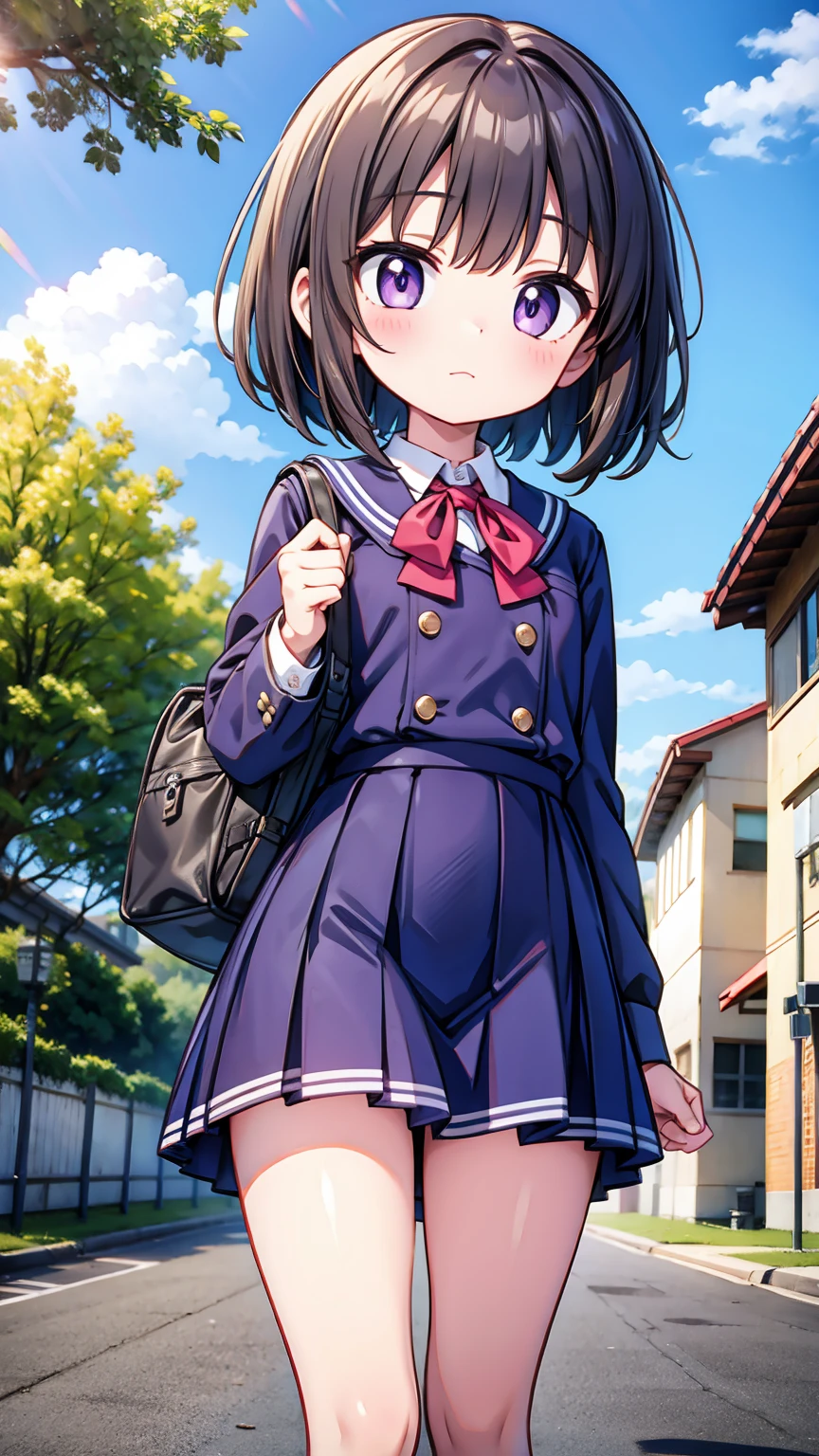 (High quality), (masterpiece), (very detailed), girl, (very small bust), short brown hair, purple eyes, shy face, (primary school loli), showing her thighs, on the school yard, sunny, camera angle from below, adorable eyes, (primar school uniform)