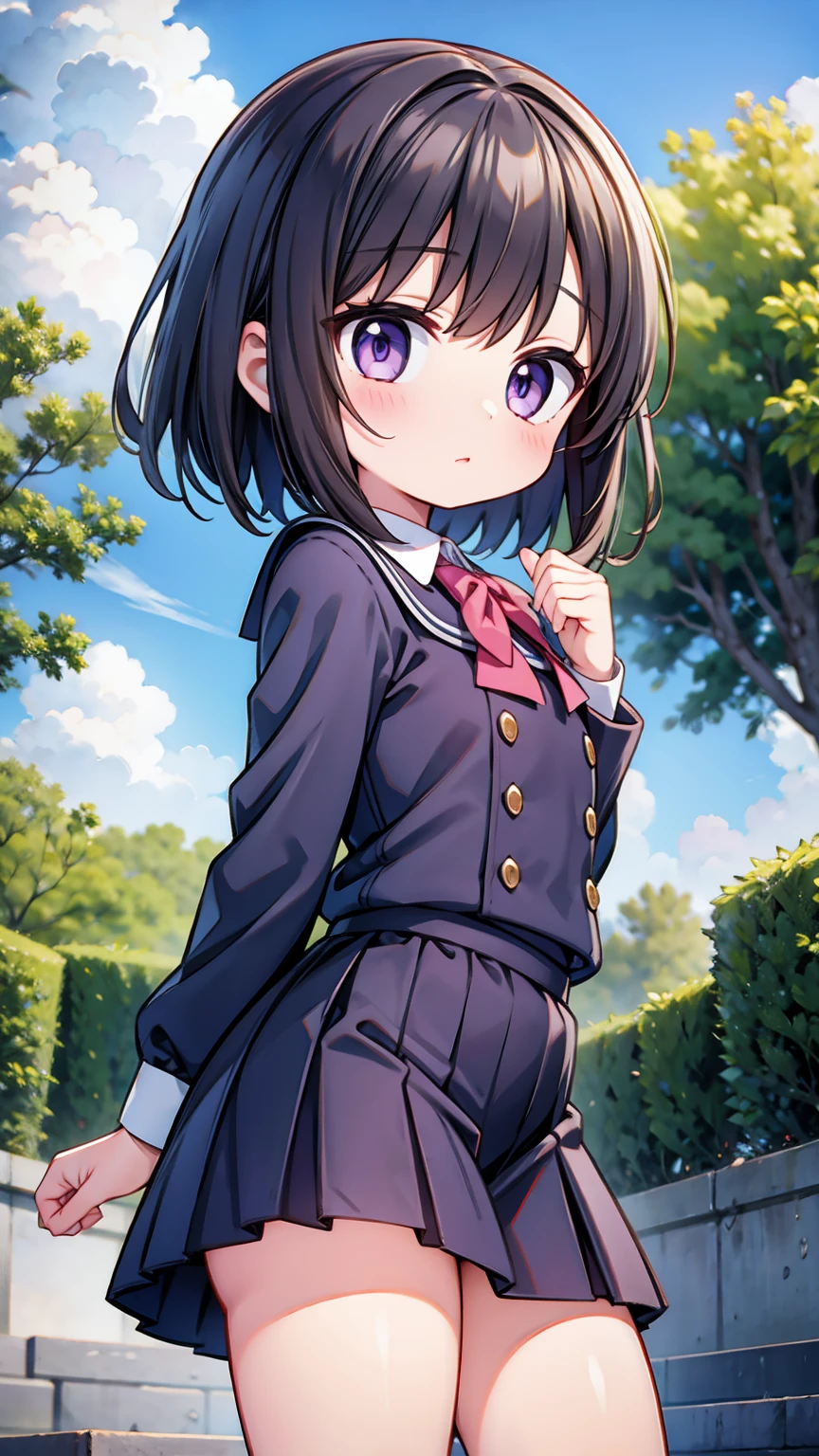 (High quality), (masterpiece), (very detailed), girl, (very small bust), short brown hair, purple eyes, shy face, (li), showing her thighs, on the school yard, sunny, camera angle from below, adorable eyes, (primar school uniform)