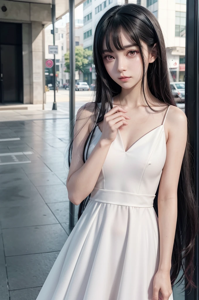 A young woman with long straight black hair, clear skin and vibrant pink eyes. She wears a white formal dress. style of anime: Bungo Stray Dogs.