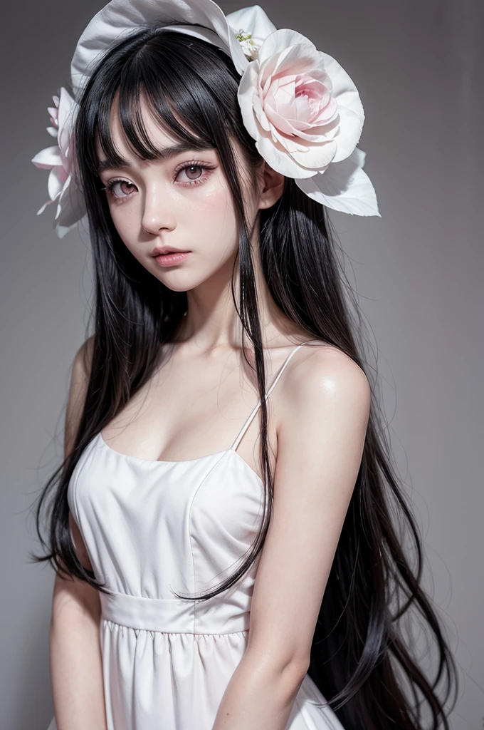 A young woman with long straight black hair, clear skin and vibrant pink eyes. She wears a white formal dress. style of anime: Bungo Stray Dogs.