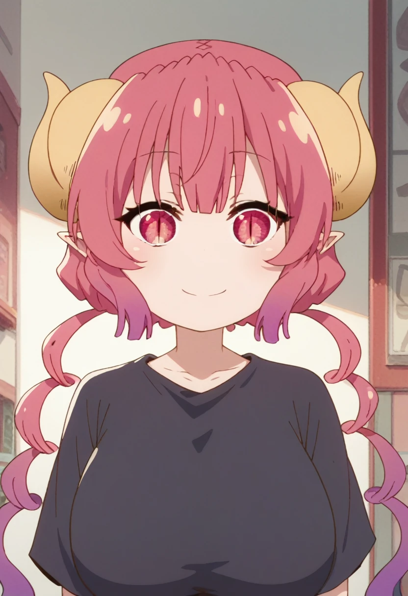 score_9, score_8_up, score_7_up, source_anime, anime screencap, black shirt, upper body, smile ,large breasts, ilulu, dragon girl, long hair, pink hair, dragon horns, pointy ears, multicolored hair, red hair, bangs, slit pupils, big breasts