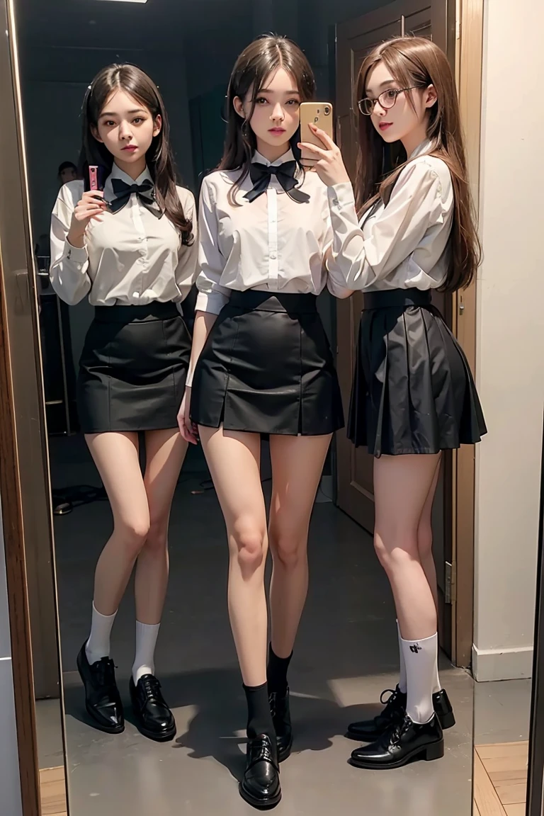 three women in short skirts taking a picture of themselves in a mirror, wearing honey - themed miniskirt, wearing tight simple clothes, mini-skirt, intriguing outfit, long thin legs, 8k)), tight attire, pencil miniskirt, many legs, trending at cgstation, jk uniform, wearing skirt and high socks, cursed photography, miniskirt