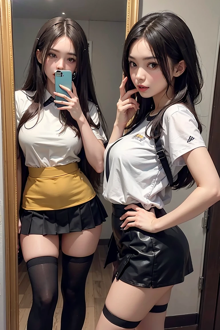 three women in short skirts taking a picture of themselves in a mirror, wearing honey - themed miniskirt, wearing tight simple clothes, mini-skirt, intriguing outfit, long thin legs, 8k)), tight attire, pencil miniskirt, many legs, trending at cgstation, jk uniform, wearing skirt and high socks, cursed photography, miniskirt