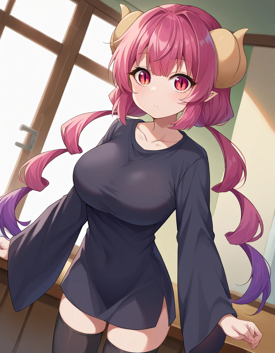 score_9, score_8_up, score_7_up, source_anime,
dragonilulu, ilulu, curled horns, horns, long hair, multicolored hair, purple hair, red eyes, red hair, slit pupils,
black shirt, long shirt, black thighhighs, collarbone, shirt, short sleeves, thighhighs, wide sleeves, zettai ryouiki,
indoors,
looking at viewer, cowboy shot, dutch angle, big breasts