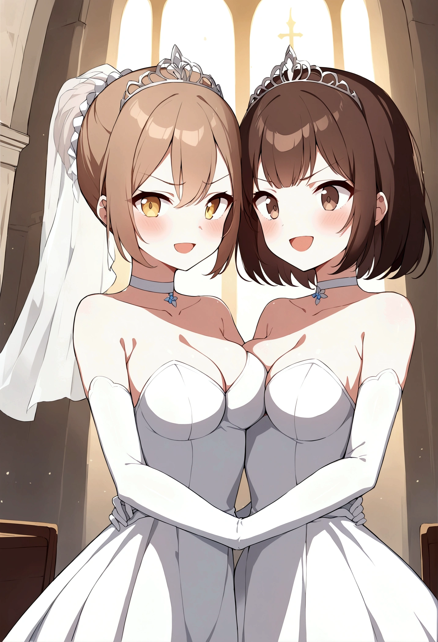 2girl, multiple_girl, Veil, dress, gloves, rining:Safety, bluponde_hair, chests, white_gloves, elbow_gloves, Open_mouth, bridal_Veil, ストラッpress, wedding_dress, blush, brown_eye, lily, just_shoulder, puponytail, Holding_hands, Moderate_chests, Looking_in_Audience, 前hair, lupong_hair, white_dress, ストラッpress_dress, chestの谷between, yellow_eye, Eyebrow_appear_Through_hair, indoor, Scrunchie, Side Lock, choker, dull_前hair, aSymmetric_docking, smile, chest_press, hand_upon_of others_Hip, Linked_refer to, tiara, standing, wife_and_wife, cowboy_shot, hair_ornament, brown_hair, Symmetric_docking, No sleeve_dress, short_hair, between_chests, see-Through, church, No sleeve, collarbupone Angry face