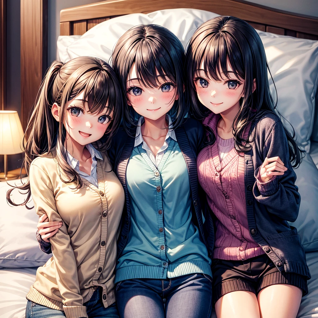 best quality,,smile,cardigan,Girls hugging each other,bed,Boyfriend's house,Evolution Fashion,future fashion,blazer,ribbon on uniform,mini skirt,high school girl,multiple girls are depicted,harem,idol group,photo shoot,long hair,wearing a cardigan,highest quality,big breasts,happy girl,horny girl,pink eyes,perfect face,standing position,I have my hands in my pockets,letting down one's Bangs,beautiful eyes,gym,girls hugging each other,smooth hair,multicolored hair colors,naughty girl,beautiful girl,beautiful girl,loose socks