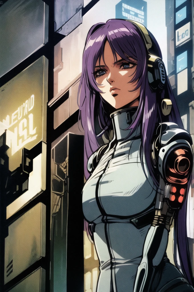 deedlit, record of lodoss war, 1girl, solo, (((cyberpunk))), cyborg, robot, mechanical arms, upper body, purple hair