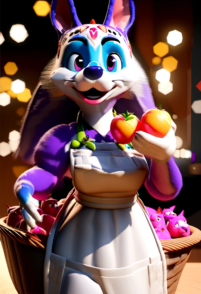 Happy woman mascoque, realisitic, Holding a basket of fruit, 3 d modeling, pixar, 4K, close, apron, (Pixar-style) (master part:1.2) (bokeh) (best qualityer) (skin detailed) (detailed texture) (8K) (Argilla) (cinematic lighting) (sharp focus