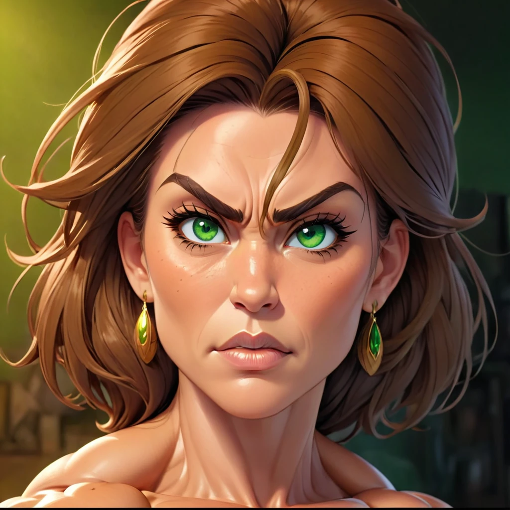 (masterpiece:1.2), (best quality), (ultra detailed), (8k, 4k, intricate),(full-body-shot:1), (highly detailed:1.2),(detailed face:1.2), (detailed background), muscle woman with brunette hair wearing green bikini flexing massive muscles, most muscular pose, woman with huge muscles, mature woman, stern expression, green eyes, angry expression