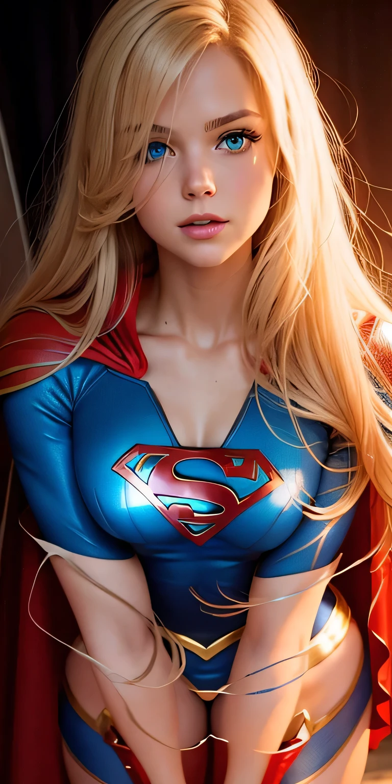 Supergirl , perfect costume, brilliant blue eyes, perfect body, red cape, smooth curves, beautiful face , seductive blond hair