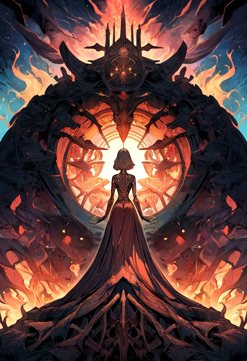 a girl and a man talk to each other over a pile of corpses,The image depicts a group of superheroines with various powers and abilities, standing together in front of a fiery background,  Appendix architecture made of skeletons., Fancy, intricate, elegant, Very detailed, centered, symmetry, chart, intricate, volumetric lighting, beautiful, masterpiece of rich deep colors, sharp focus, ultra detailed, In the style of Dan Mumford and Marc Simonetti, astrophotography