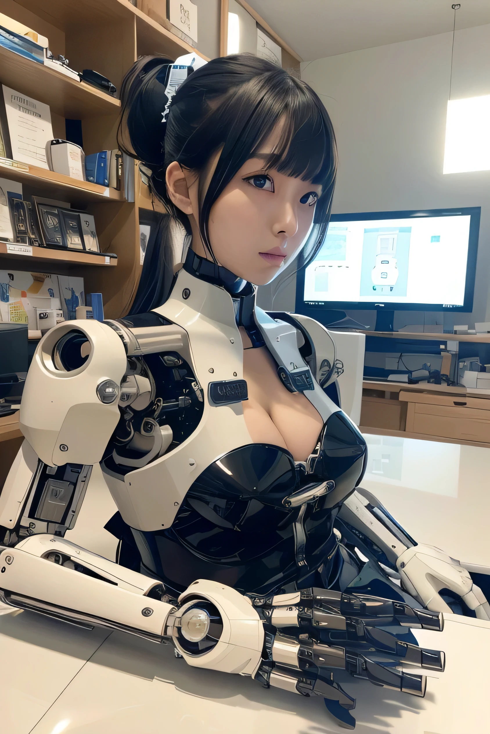 masterpiece, best quality, extremely detailed, Japaese android girl,Plump,control panels,android,Droid,Mechanical Hand, Robot arms and legs, Black hair,Blunt bangs,perfect robot girl,long tube,thick cable connected her neck,android,robot,humanoid,cyborg,japanese cyborg girl ,robot-assembly plant,She is assembled now,assembly scene,chest monitor,blue eyes
