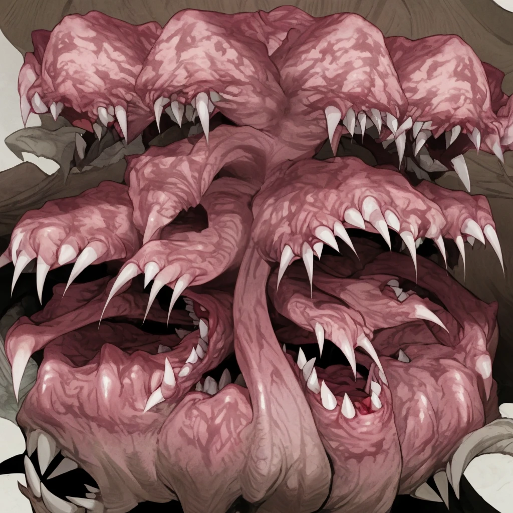 living flesh amalgam, multiple eyes, multiple mouths, teeth, fangs, hands, Monster