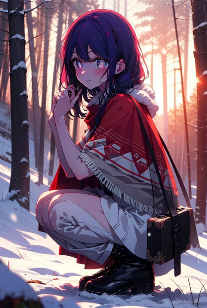 aihoshino, Ai Hoshino, Long Hair, bangs, (Purple eyes:1.1), Purple Hair, (Symbol-shaped pupil:1.5), smile,,smile,blush,White Breath,
Open your mouth,snow,Ground bonfire, Outdoor, boots, snowing, From the side, wood, suitcase, Cape, Blurred, , forest, White handbag, nature, Squat, Mouth closed, Cape, winter, Written boundary depth, Black shoes, red Cape break looking at viewer, Upper Body, whole body, break Outdoor, forest, nature, break (masterpiece:1.2), Highest quality, High resolution, unity 8k wallpaper, (shape:0.8), (Beautiful and beautiful eyes:1.6), Highly detailed face, Perfect lighting, Highly detailed CG, (Perfect hands, Perfect Anatomy),