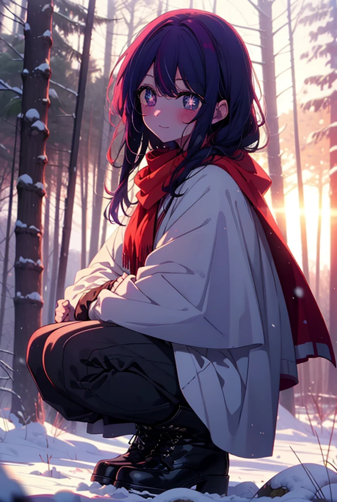 aihoshino, Ai Hoshino, Long Hair, bangs, (Purple eyes:1.1), Purple Hair, (Symbol-shaped pupil:1.5), smile,,smile,blush,White Breath,
Open your mouth,snow,Ground bonfire, Outdoor, boots, snowing, From the side, wood, suitcase, Cape, Blurred, , forest, White handbag, nature,  Squat, Mouth closed, Cape, winter, Written boundary depth, Black shoes, red Cape break looking at viewer, Upper Body, whole body, break Outdoor, forest, nature, break (masterpiece:1.2), Highest quality, High resolution, unity 8k wallpaper, (shape:0.8), (Beautiful and beautiful eyes:1.6), Highly detailed face, Perfect lighting, Highly detailed CG, (Perfect hands, Perfect Anatomy),