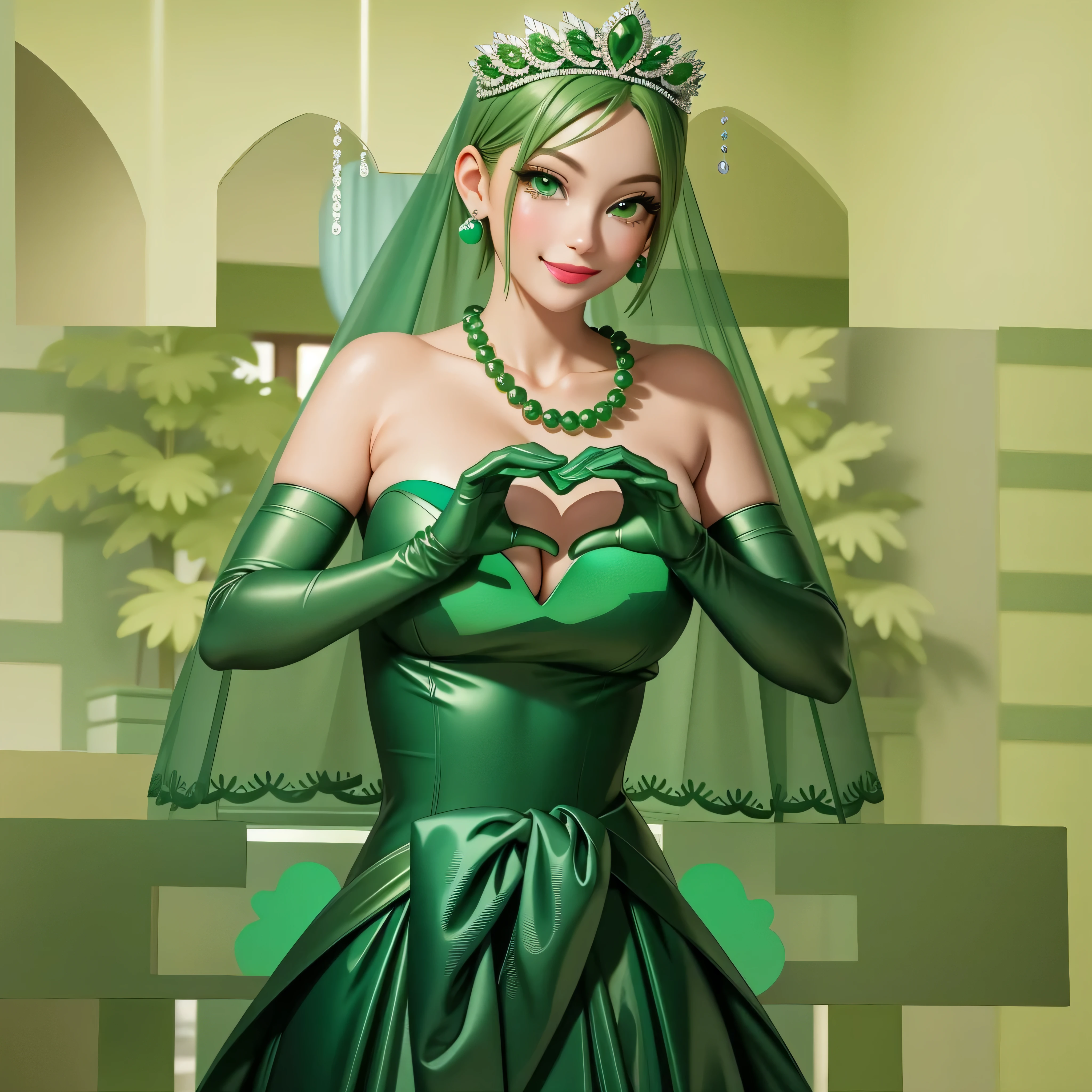 emerald tiara, Green Pearl Necklace, Boyish very short green hair, Green Lips, Smiling Japanese woman, Very short hair, Busty beautiful lady, Green Eyes, Green satin long gloves, Green Eyes, Emerald Earrings, Green veil, Heart with both hands, Green Hair, Beautiful Japanese Women, Heart shaped hands:1.3, green lip gloss