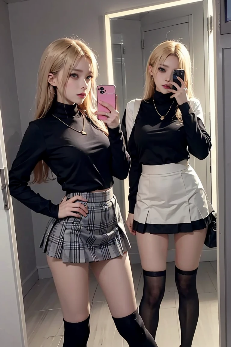 three women in short skirts taking a picture of themselves in a mirror, wearing honey - themed miniskirt, wearing tight simple clothes, mini-skirt, intriguing outfit, long thin legs, 8k)), tight attire, pencil miniskirt, many legs, trending at cgstation, jk uniform, wearing skirt and high socks, cursed photography, miniskirt
