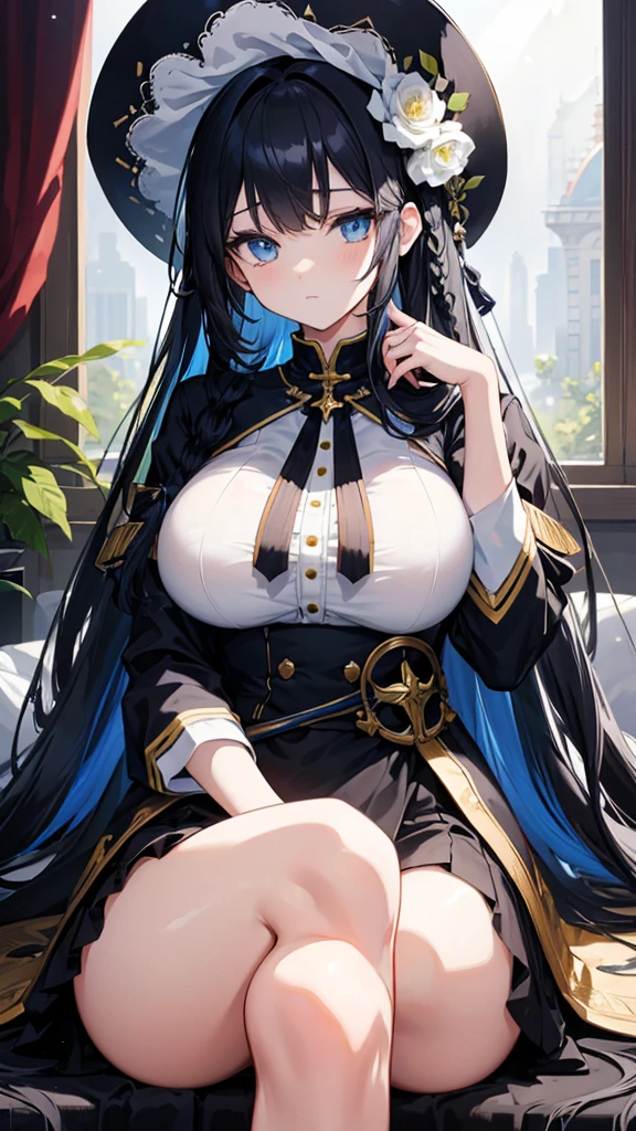 best quality,extremely detailed,anime style,1girl,Long hair down to the waist,straight hair,Dark black hair with bluish,Braid on top of the head,beautiful detailed eyes,pinched eyes,dark blue eyes,huge breasts,intelligent, cross-legged, white base military motif clothing, Fluttering and mysterious clothes,hat,Princess Room,((Sunlight shines in))