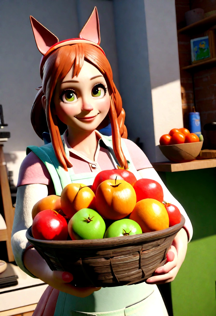 Happy woman mascoque, realisitic, Holding a basket of fruit, 3 d modeling, pixar, 4K, close, apron,