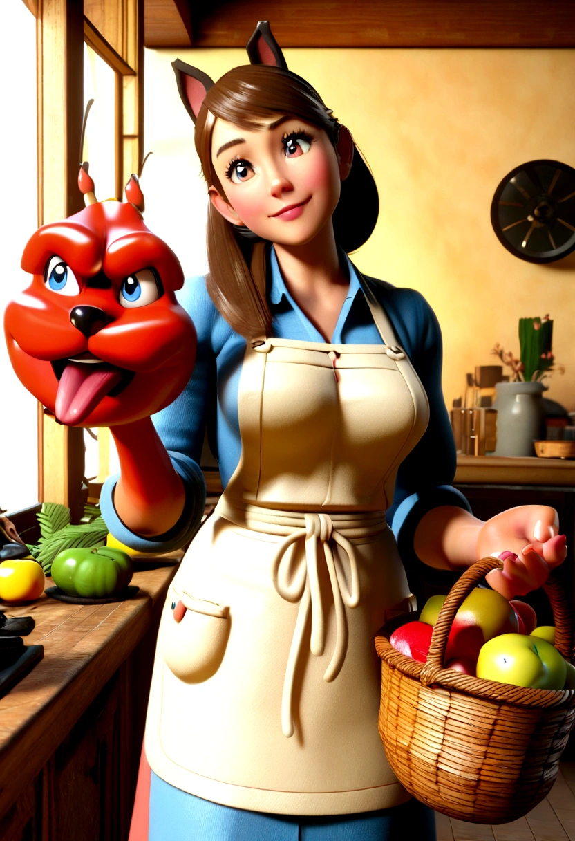 Happy woman mascoque, realisitic, Holding a basket of fruit, 3 d modeling, pixar, 4K, close, apron,