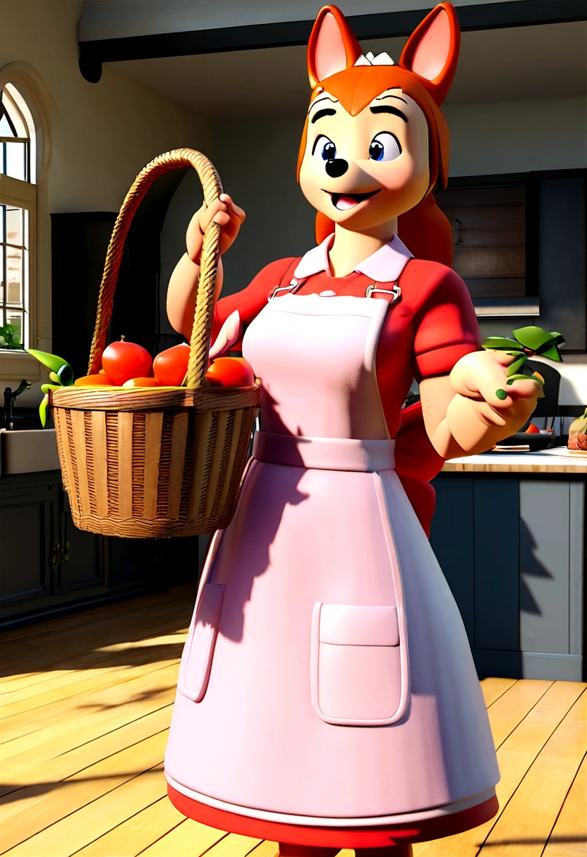 Happy woman mascoque, realisitic, Holding a basket of fruit, 3 d modeling, pixar, 4K, close, apron,