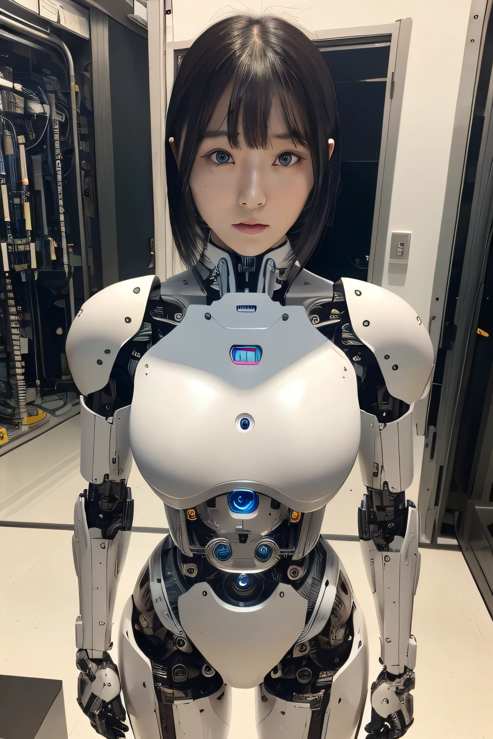 masterpiece, best quality, extremely detailed, Japaese android girl,Plump , hug,control panels,android,Droid,Mechanical Hand, Robot arms and legs, Black hair,Blunt bangs,perfect robot girl,long tube,thick cable connected her neck,android,robot,humanoid,cyborg,japanese cyborg girl ,robot-assembly plant,She is assembled now,assembly scene,chest monitor,blue eyes