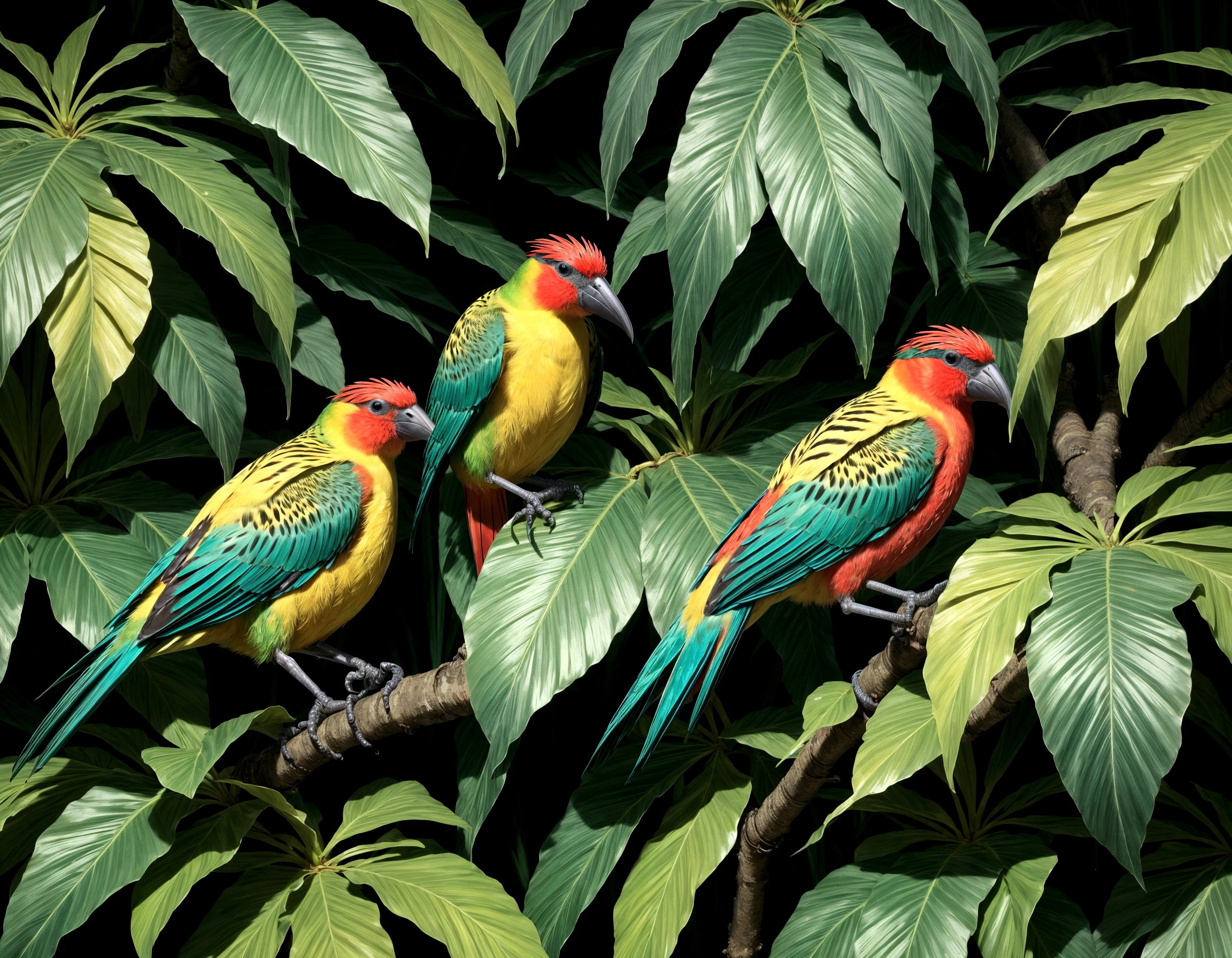 Create a print featuring a variety of tropical birds against a background of dense, colorful foliage