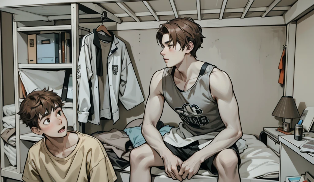 There are two young men, , with brown hair, they are in their room talking.