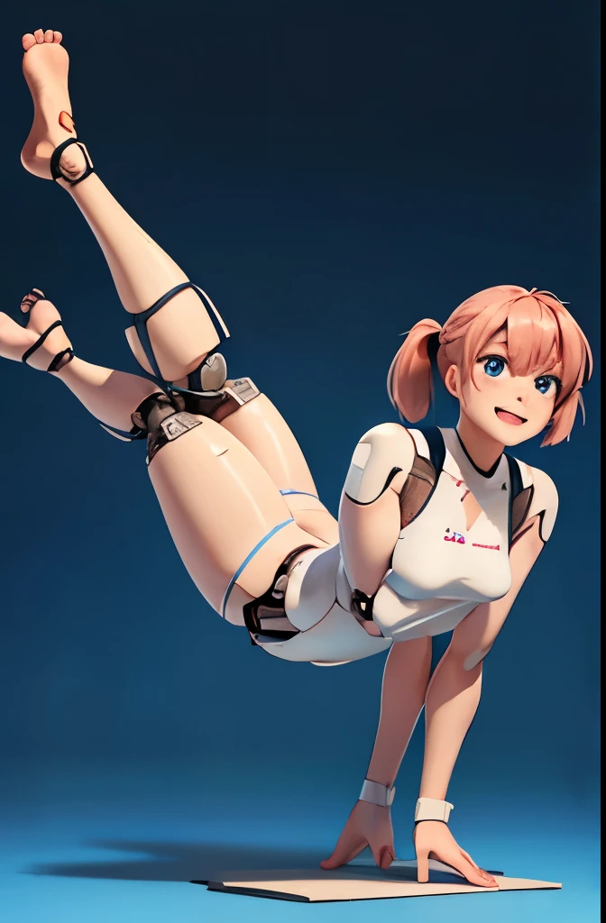 A Female mature robot exposes her inside mechanical organ. she wears white one-piece. Her Brown very short pigtails is tied with two big red clothespins, masterpiece, mature, android, blue eyes, full body, Height: 160cm, flushed cheeks, Uplifting, No NSFW, whole body, barefoot, archaic smile, getting orgasm, sweat bucket.  full body shot, floating hair, looking straight. multiple girls.   robot made of naked equipment, Japanese 2000's animation style. A middle-aged android with blue eyes. Her brown short pigtails are very short and tied with two big red clothespins. She has archaic smile. She is still under construction. She wears short pale ware. She can do a handstand. She looks over heated. her legs up.