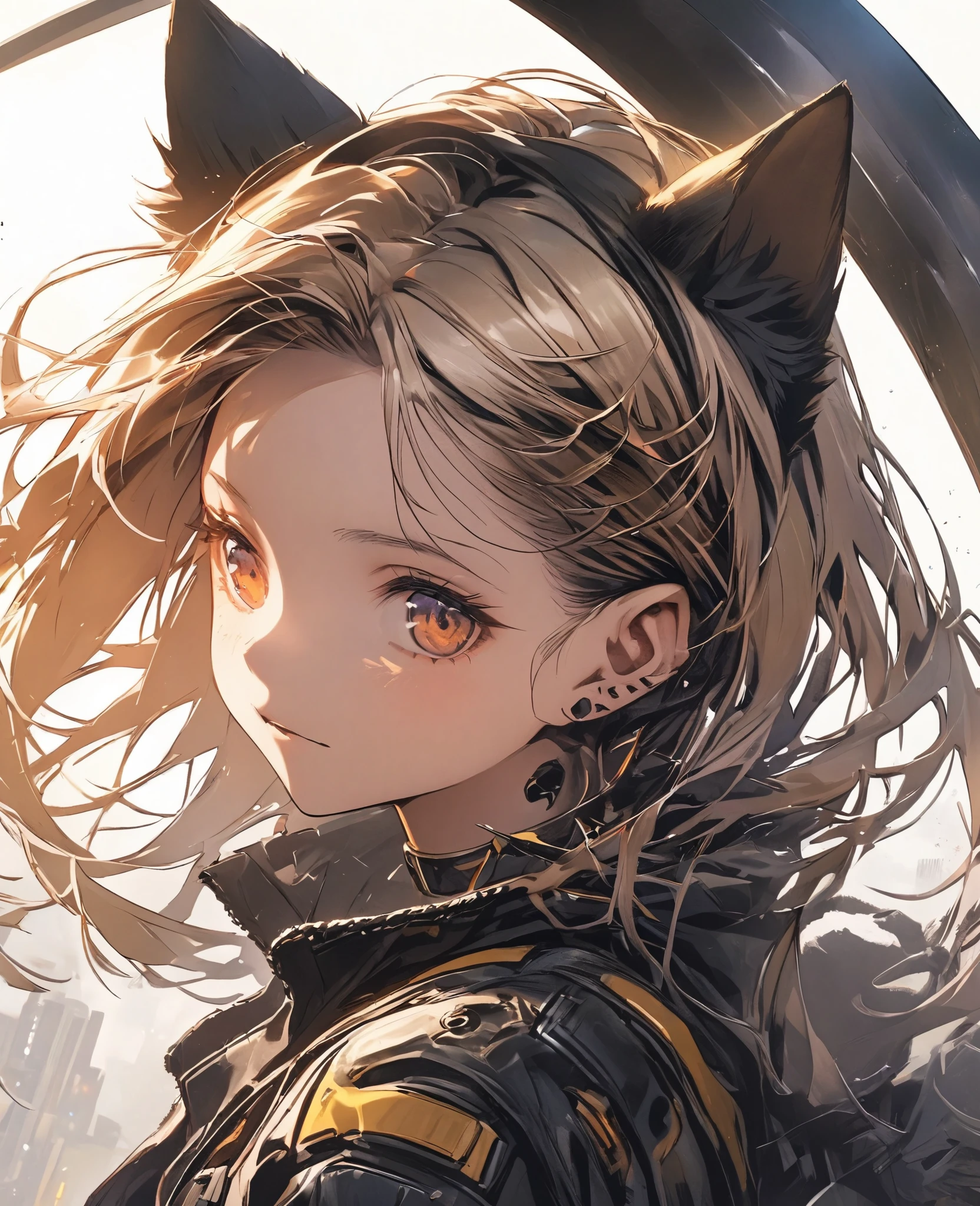 Detailed silhouette of a cyberpunk girl with cat ears and a tail, Flowing, Tattered coat, He carries a giant scythe with a mechanical cat design on it..., Stand on the glossy, Minimalist Reflective Surface, Yellow background, depth、Portrait、Dynamic Angle