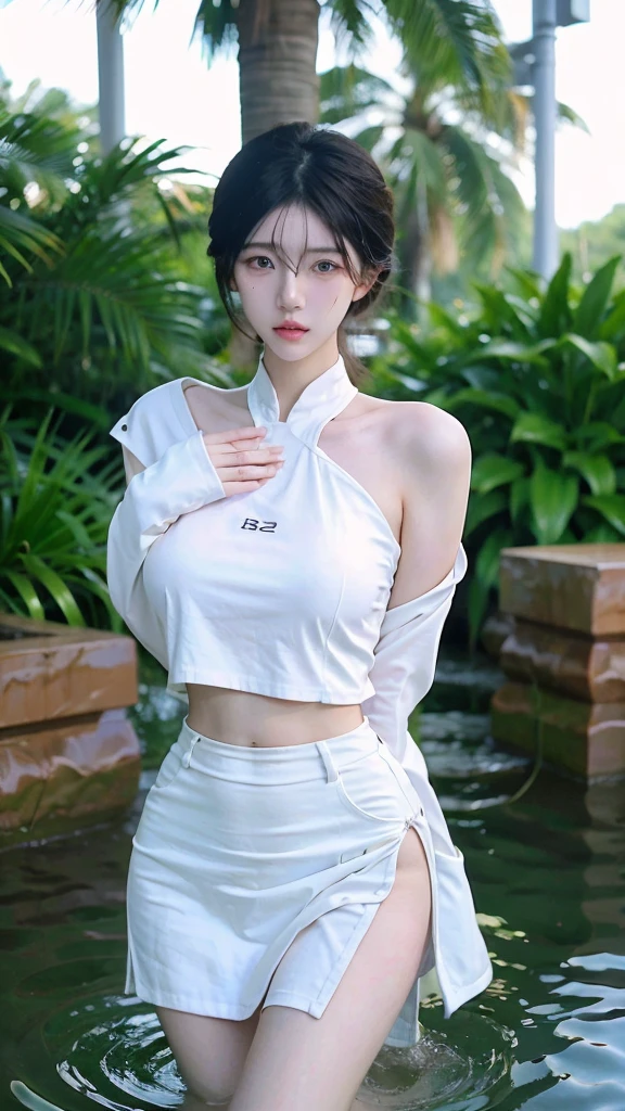 Beautiful woman with perfect figure:1.4,Ultra-high resolution,White legs,Put your hands behind your back,Swimming background,Big breasts:1.6,(Realism:1.4),perspective,Layered hairstyle,Snow white skin,JK:1.5,Super short pleated skirt,whole body:1.4,Very delicate and skin texture,Double eyelids,Skin Whitening,Long hair,White hair