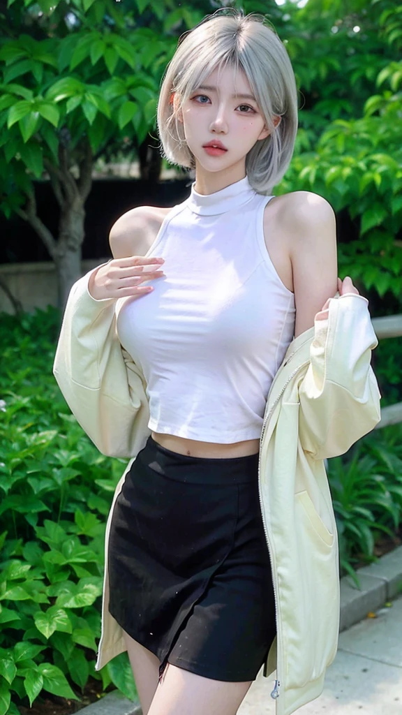 Beautiful woman with perfect figure:1.4,Ultra-high resolution,White legs,Put your hands behind your back,Swimming background,Big breasts:1.6,(Realism:1.4),perspective,Layered hairstyle,Snow white skin,JK:1.5,Super short pleated skirt,whole body:1.4,Very delicate and skin texture,Double eyelids,Skin Whitening,Long hair,White hair