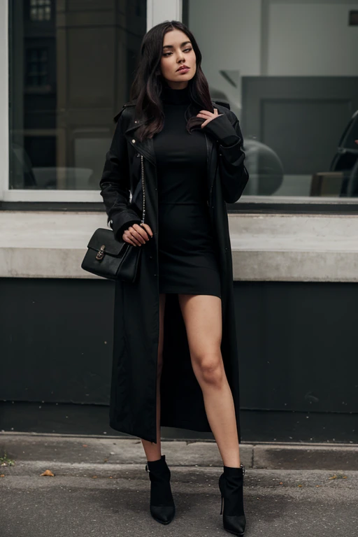 woman with a long black jacket,in cotton and with long heels with black gloves and a black dress with a purse with big tits