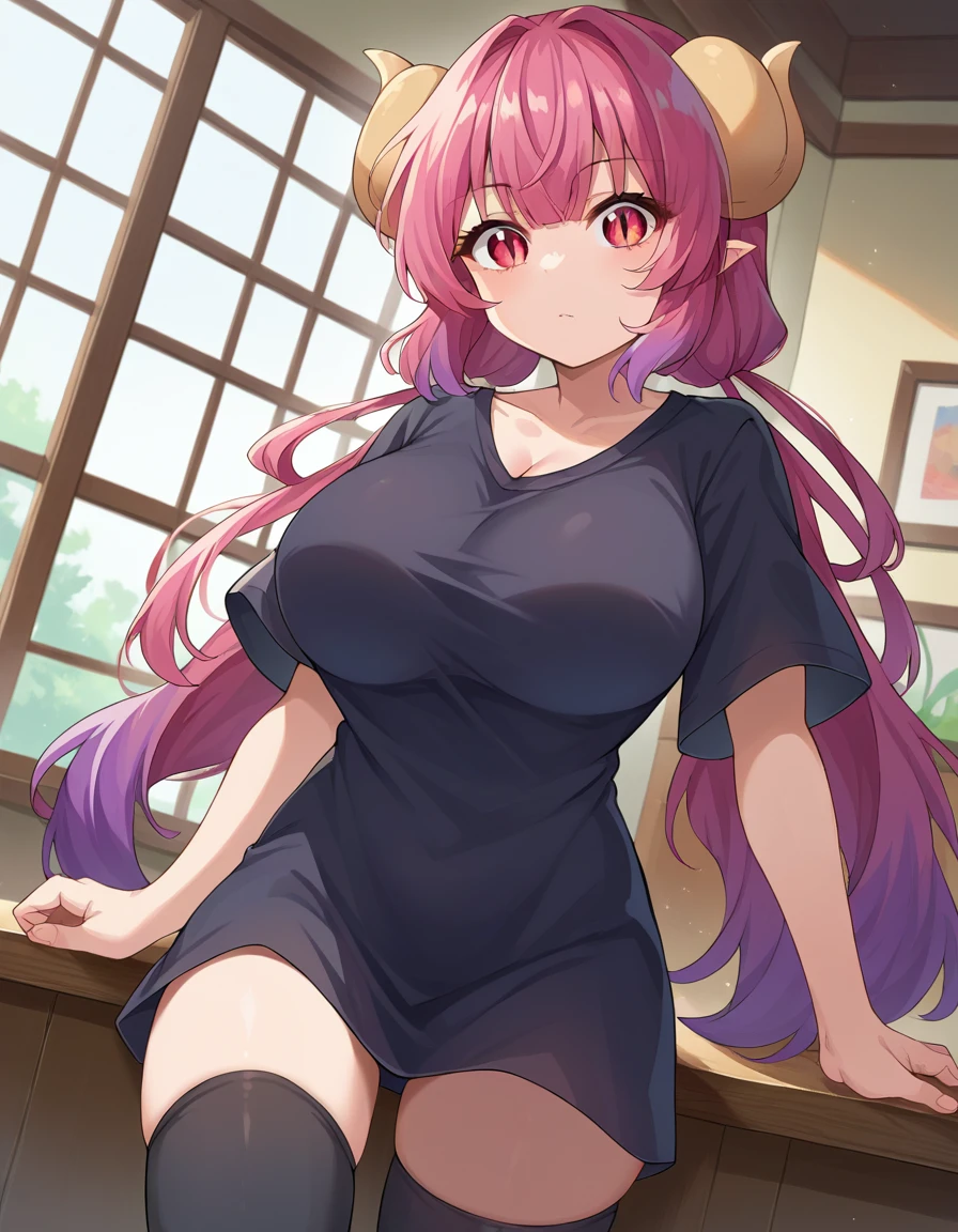 score_9, score_8_up, score_7_up, source_anime, dragonilulu, ilulu, curled horns, horns, long hair, multicolored hair, purple hair, red eyes, red hair, slit pupils, black shirt, long shirt, black thighhighs, collarbone, shirt, short sleeves, thighhighs, wide sleeves, zettai ryouiki, indoors, looking at viewer, cowboy shot, dutch angle, big breasts, cleavage, 