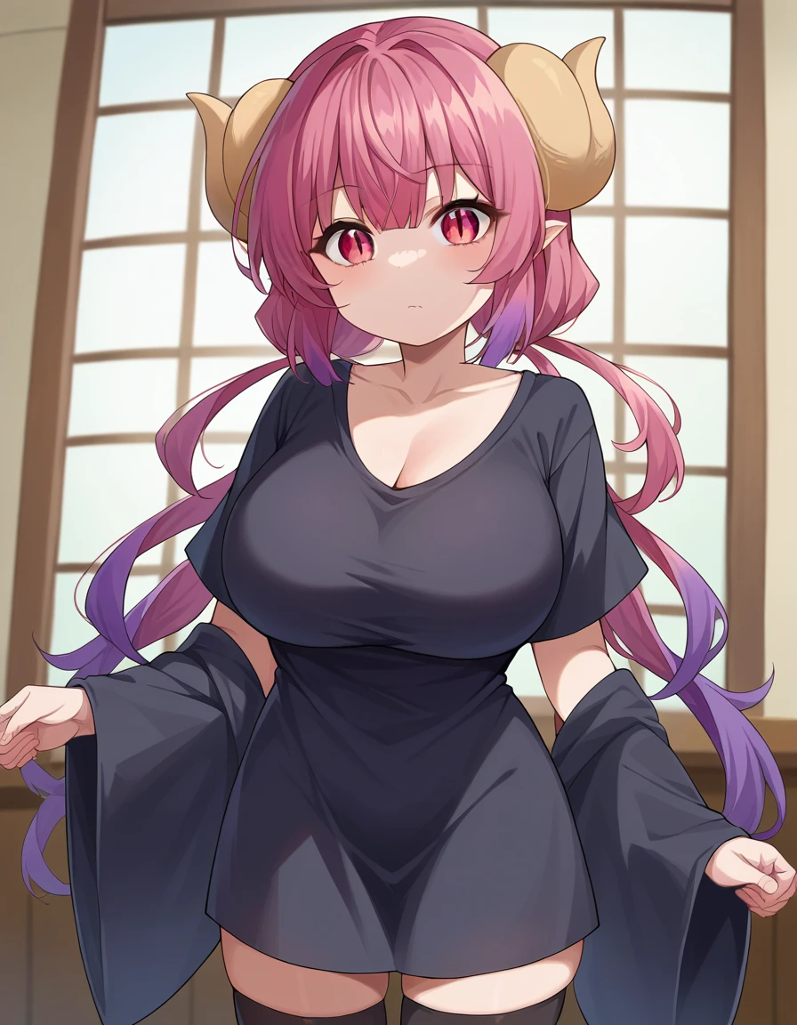 score_9, score_8_up, score_7_up, source_anime, dragonilulu, ilulu, curled horns, horns, long hair, multicolored hair, purple hair, red eyes, red hair, slit pupils, black shirt, long shirt, black thighhighs, collarbone, shirt, short sleeves, thighhighs, wide sleeves, zettai ryouiki, indoors, looking at viewer, cowboy shot, dutch angle, big breasts, cleavage, 